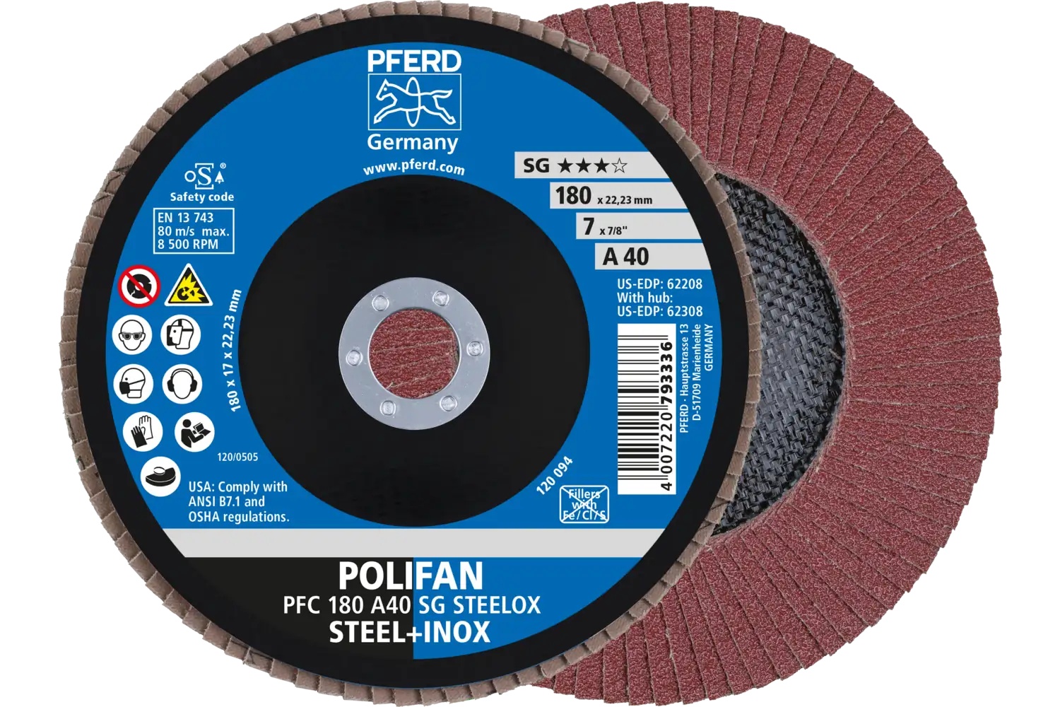 Picture of Pferd Flap Disc, 7" x 7/8, A SG Steelox, 40 Grit, T29, Conical, Aluminum oxide